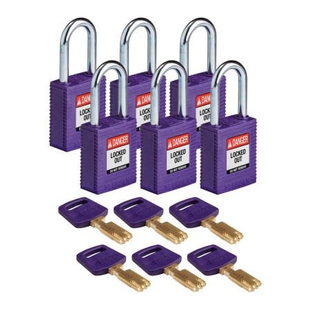 Brady NYL-PRP-38ST-KA6PK Brady SafeKey Lockout Padlock Nylon 1.5" Steel Shackle Keyed Alike NYL-PRP-38ST-KA6PK